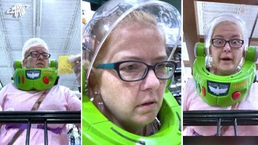 mujer utiliza casco de buzz lightyear coronavirus
