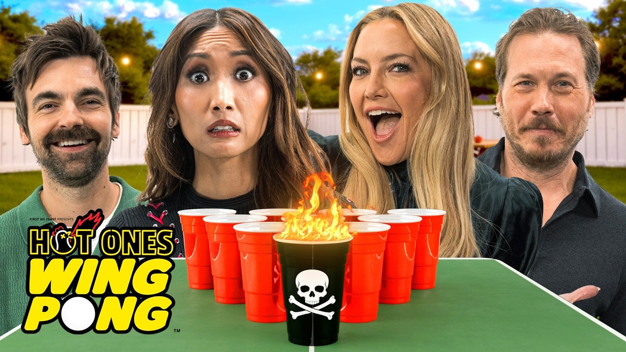 Kate Hudson Brenda Song Drew Tarver and Scott MacArthur Play Hot Ones Wing Pong DALENEWS - Kate Hudson, Brenda Song, Play Hot Ones Wing Pong